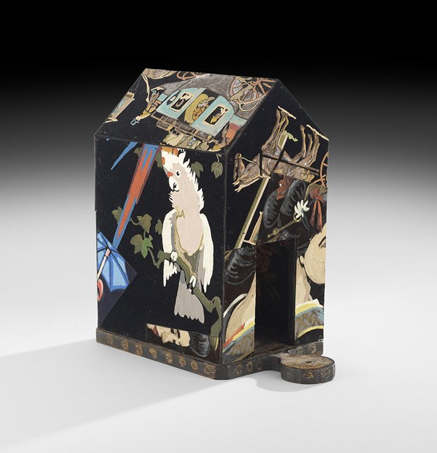 Don Baum (US/Chicago, 1922-2008): Don Baum (American/Chicago, 1922-2008), "Occident/Orient Express Stagecoach", 1988, oil on velvet and wood sculpture, a "Betsy Rosenfield Gallery, Inc./Chicago" label at bottom, h. 14-3/4", w. 7-3/4",