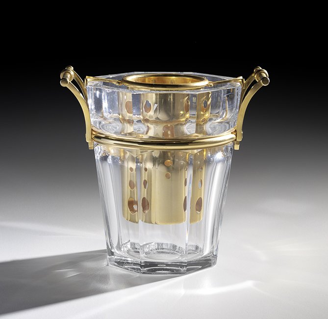 Baccarat "Moulin Rouge" Wine Cooler: Baccarat "Moulin Rouge" Molded Crystal and Gilt-Bronze Wine Cooler, fourth quarter 20th century, the paneled, tapered cooler set with gilt handles and pierced bottle holder insert, h. 9-1/4", dia. 8".