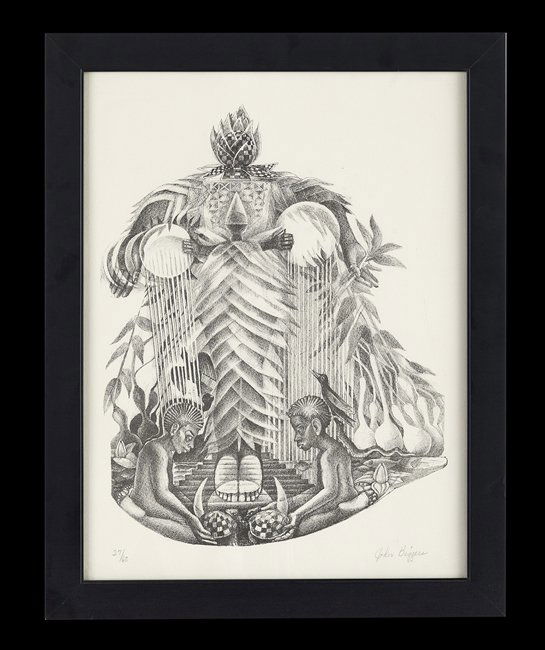 John Thomas Biggers (US/Texas, 1924-2001): John Thomas Biggers (American/Texas, 1924-2001), "Our Grandmothers", lithograph, signed lower right, numbered "27/60" lower left, sight 23-5/8" x 17-5/8". Glazed, matted and framed.