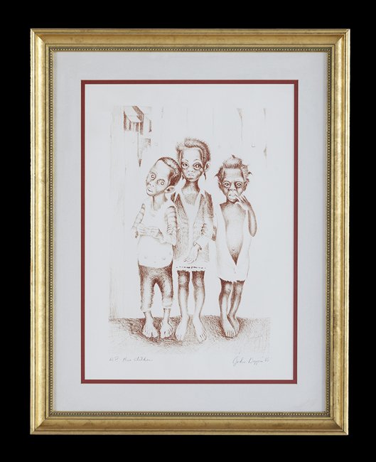 John Thomas Biggers (US/Texas, 1924-2001): John Thomas Biggers (American/Texas, 1924-2001), "Three Children", 1965, lithograph, artist proof, signed and dated lower right, titled lower left, sight 25-3/8" x 17-3/4". Glazed, matted and framed.