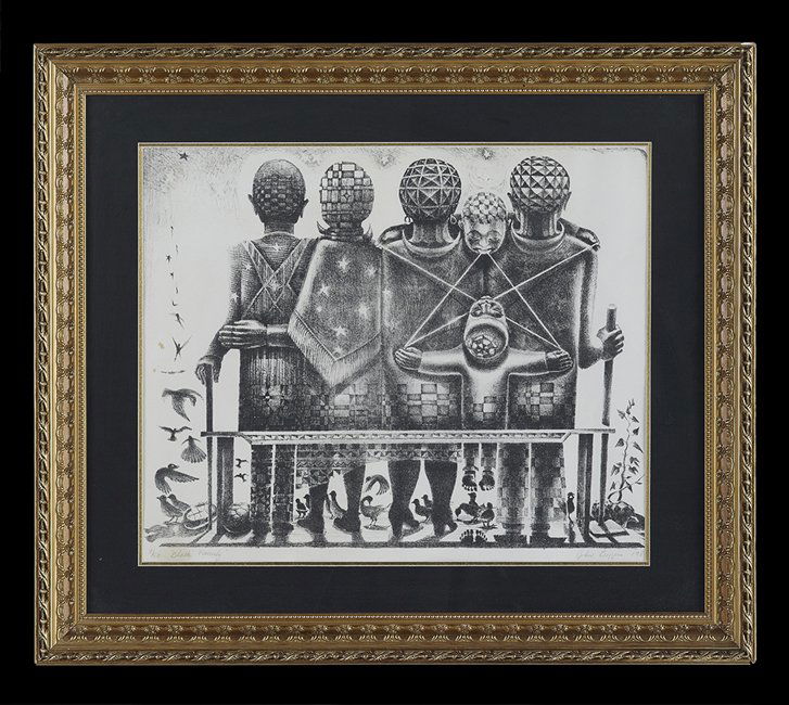 John Thomas Biggers (US/Texas, 1924-2001): John Thomas Biggers (American/Texas, 1924-2001), "Black Family", 1986, lithograph, signed and dated lower right, titled and numbered "7/50" lower left, sight 21" x 25-1/2". Glazed, matted and framed.