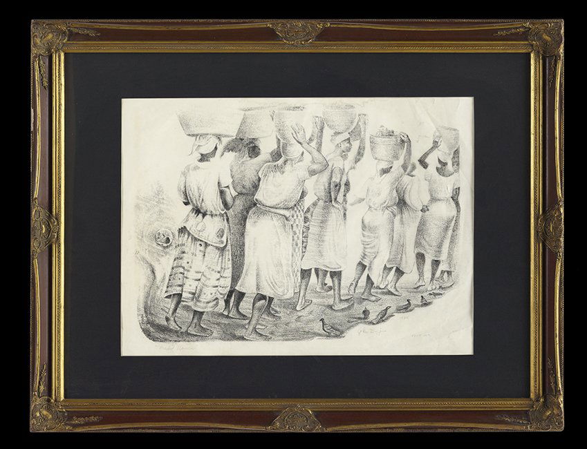 John Thomas Biggers (US/Texas, 1924-2001): John Thomas Biggers (American/Texas, 1924-2001), "Marked Women", 1964, lithograph, signed, dated and numbered "Proof No. 5" lower right, titled lower left, sight 22" x 29-1/2". Glazed, matted and fram