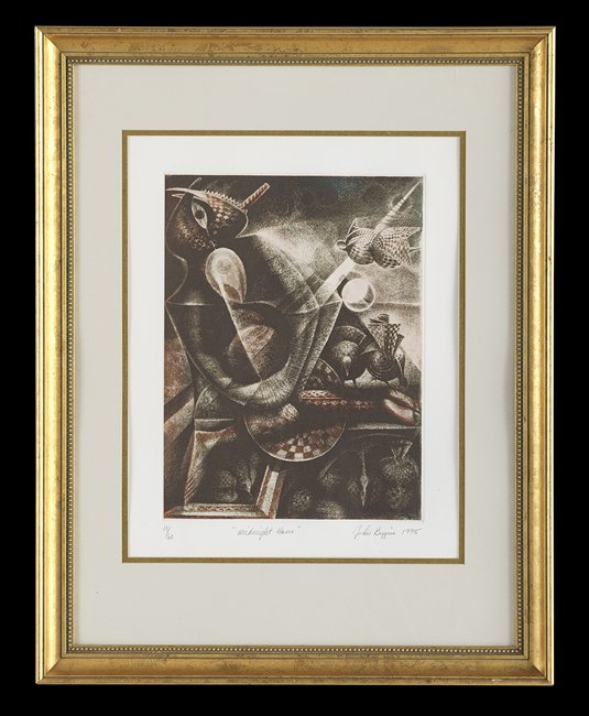 John Thomas Biggers (US/Texas, 1924-2001): John Thomas Biggers (American/Texas, 1924-2001), "Midnight Hour", 1995, etching in colors, signed and dated lower right, titled lower center and numbered "10/60" lower left, sight 21-3/8" x 16-5/8". G