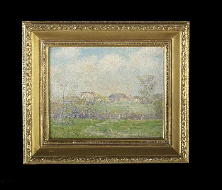 William Posey Silva (American, 1859-1948): William Posey Silva (American, 1859-1948), "Rural Landscape with Farmhouse and Fence", oil on canvasboard, 8" x 10". Framed.
