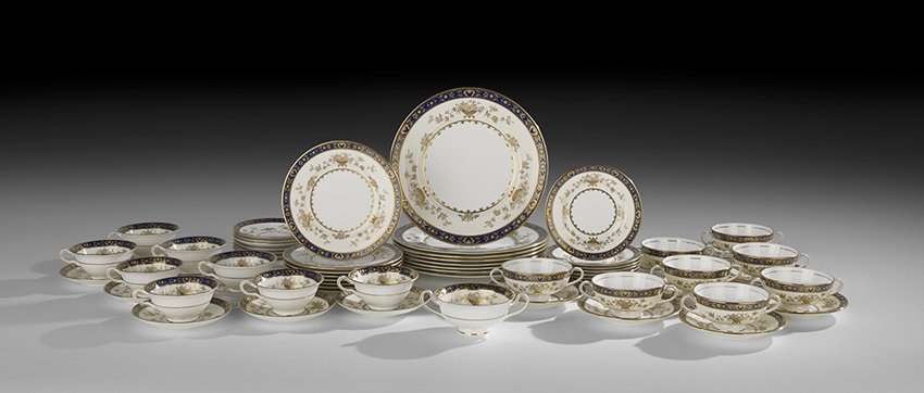 Minton "Dynasty-Cobalt" Dinner Service: Minton Bone China "Dynasty-Cobalt" Partial Dinner Service, ca. 1951-2009, English, the assembled service comprised of eight dinner plates, dia.10-1/2", eight salad/dessert plates, dia. 7-1/2", eight b