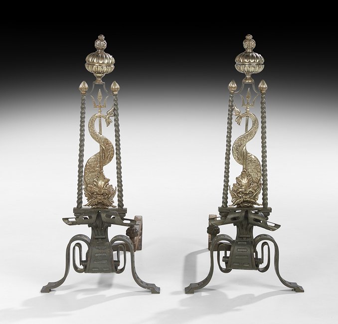 Pair of Art Deco Steel and Iron Andirons: Pair of Art Deco Steel and Iron Andirons, second quarter 20th century, each with a tapered and pierced standard raised on scrolled feet and decorated with a steel dolphin wrapped around a trident, ben