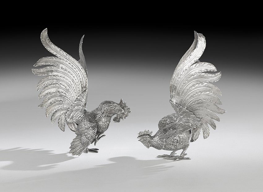 Pair of .800 Silver Cockerel Table Garnitures (1 of 2)