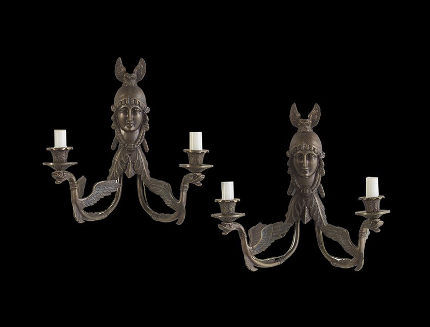 Pair of French Empire-Style Bronze Sconces: Pair of French Empire-Style Bronze Two-Light Sconces, 20th century, the backplates depicting Athena, her owl perched on her helmet, the swan-molded candle arms supporting the candle cups and sockets,