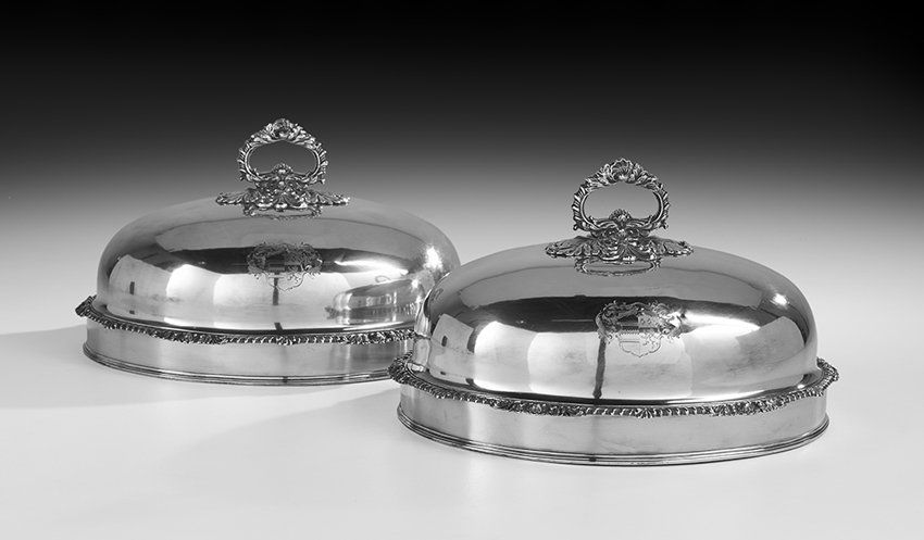 Pair of Old Sheffield Plate Armorial Meat Domes (1 of 2)