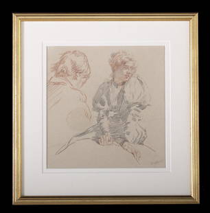 Sir William Orpen, (British/Irish 1878-1931): Sir William Orpen, K.B.E., R.A., R.H.A. (British/Irish 1878-1931), "Self-Portrait of the Artist with His Wife Grace", ca. 1902-1912, conte on paper, signed lower right "Orpen", sight 11-3/4" x 11-1/4"