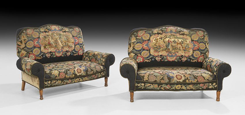 Pair of Victorian Oak and Upholstered Settees: Pair of Victorian Oak and Upholstered Settees, third quarter 19th century, each with a padded triple-arched back joined by rounded arms to the like seat, raised on ring-turned tapering square legs, th