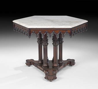 Important American Gothic Revival Center Table: Important American Gothic Revival Rosewood and Marble-Top Center Table, ca. 1840-1850, attributed to Alexander Roux, New York, after a design by Alexander Jackson Davis, retaining its original restore