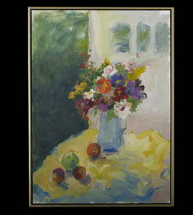 Mary Page Evans (American, b. 1937): Mary Page Evans (American, b. 1937), "Still Life with Flowers and Fruit", oil on canvas, signed lower right, a "Gulf Stream, Florida" exhibition label on frame backing, 40" x 28-1/2". Framed. Mary Pag