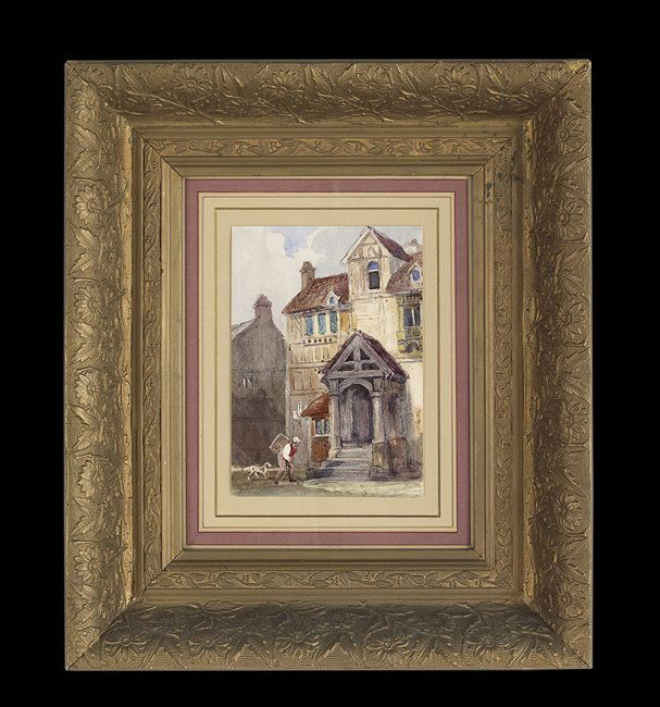 Samuel Prout (British, 1783-1852): Samuel Prout (British, 1783-1852), "English Village Scene", watercolor on paper, signed lower left, sight 7" x 4-3/4". Glazed, matted and framed.