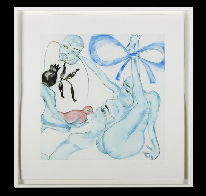 Francesco Clemente (Italian, b. 1952): Francesco Clemente (Italian, b. 1952), "Yellow, Red or Blue", aquatint in colors, signed in pencil lower right, numbered "50/250" lower left, sheet 25-3/4" x 24-3/4". Glazed and framed.