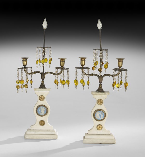 Pair of Marble, Bronze and Stoneware Candelabra: Unusual Pair of Marble, Bronze and Stoneware Two-Light Candelabra, fourth quarter 19th century, probably French, the stepped vasiform standards inset with Jasperware plaques and medallions, issuing ca