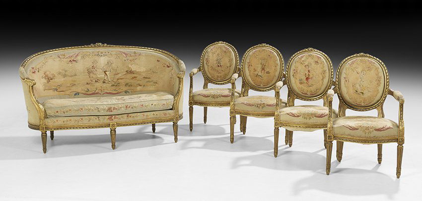Five-Piece Louis XVI-Style Giltwood Parlor Suite (1 of 3)