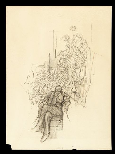 Sam Szafran (French, b. 1934): Sam Szafran (French, b. 1934), "Homme Assise devant Les Feuillages", 1967, charcoal on paper, signed and dated lower margin, 40" x 20-1/2". Glazed, matted and framed. Provenance: The Flatt Collection.