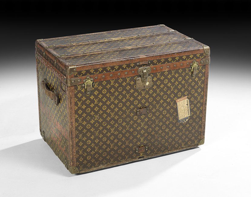 Vintage Louis Vuitton Shoe/Hat Trunk: Vintage Louis Vuitton Shoe/Hat Trunk, ca. 1930, the hardwood canvas-covered case fitted with hardwood slats, leather handles, brass trim, marked rivets and lock, opening to a fabric-lined void interio