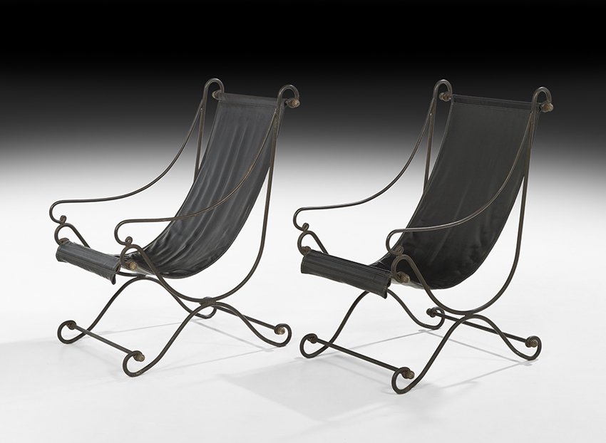 Pair of David Hicks Leather Campeche Chairs: Pair of David Hicks (English, 1929-1998) Iron and Leather Campeche Chairs, the scrolling iron frame with reeded gilt ball accents and supporting the sling leather seat, raised on a crossover base endi