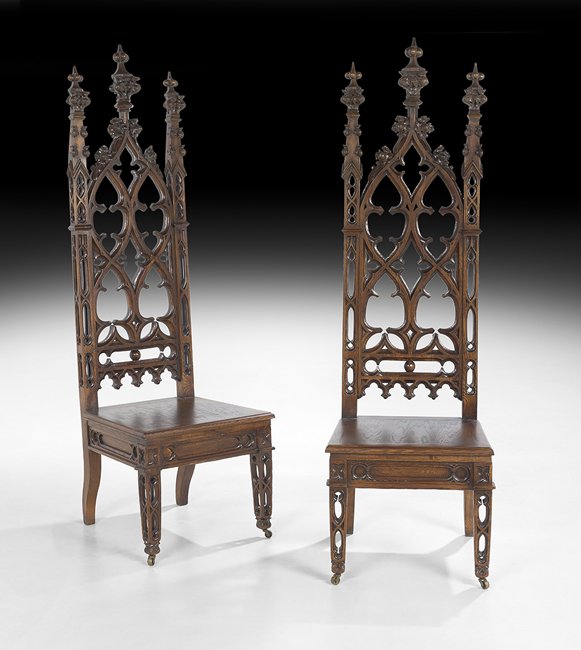 Pair Of American Gothic Revival Oak Hall Chairs