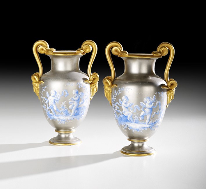 Pair of French Platinum-Ground Porcelain Urns (1 of 4)