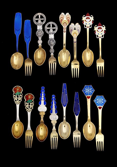 16 Michelsen Annual Christmas Spoons and Forks: Collection of Sixteen A. Michelsen and Other Sterling Silver Gilt and Enamel Annual Christmas Spoons and Forks, Copenhagen, comprising eight spoon and fork sets, with Michelsen sets for 1920, "The Dyb