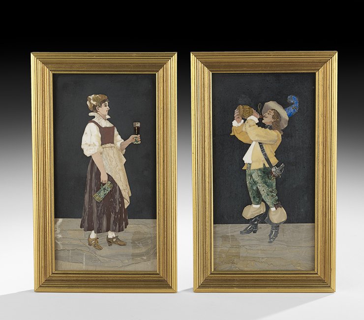 Pair of Italian Pietra Dura Plaques: Pair of Italian Pietra Dura Plaques, 20th century, the first with a musketeer drinking from a wine bottle; the second with a barmaid with a tankard and a glass of beer, framed alike, h. 12", w. 7".
