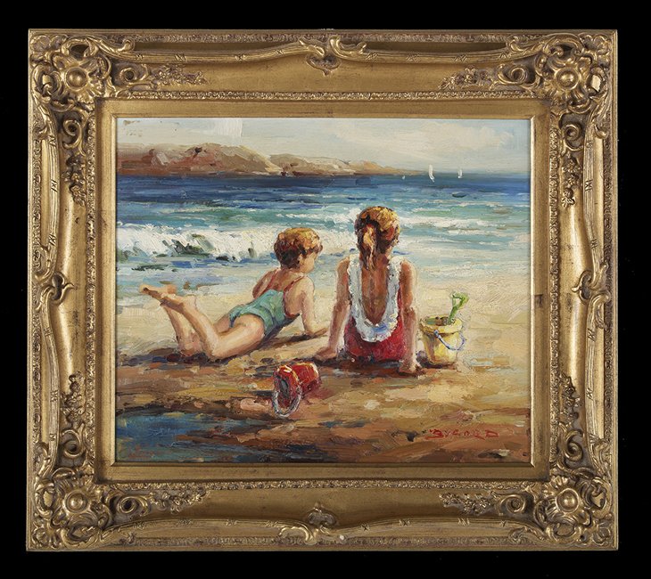 Claude-Marie Buford (French, b. 1946): Claude-Marie Buford (French, b. 1946), "Children on the Beach", oil on board, signed "Buford" lower right, 19-1/2" x 24". Presented in a handsome frame.