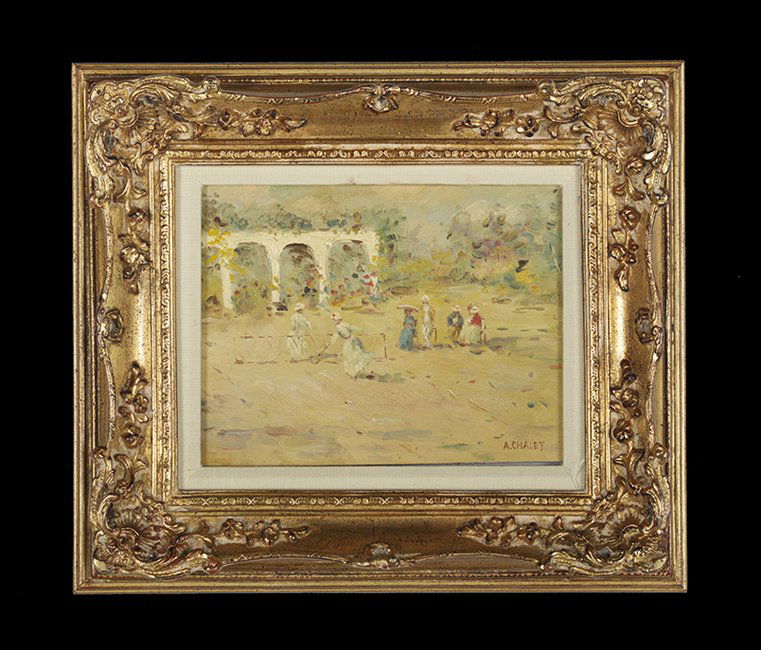 Andre Chalet (French, b. 1954): Andre Chalet (French, b. 1954), "A Game of Badminton", oil on canvas, signed "A. Chalet" lower right, 7-1/8" x 9-1/4". Presented in a handsome giltwood frame.