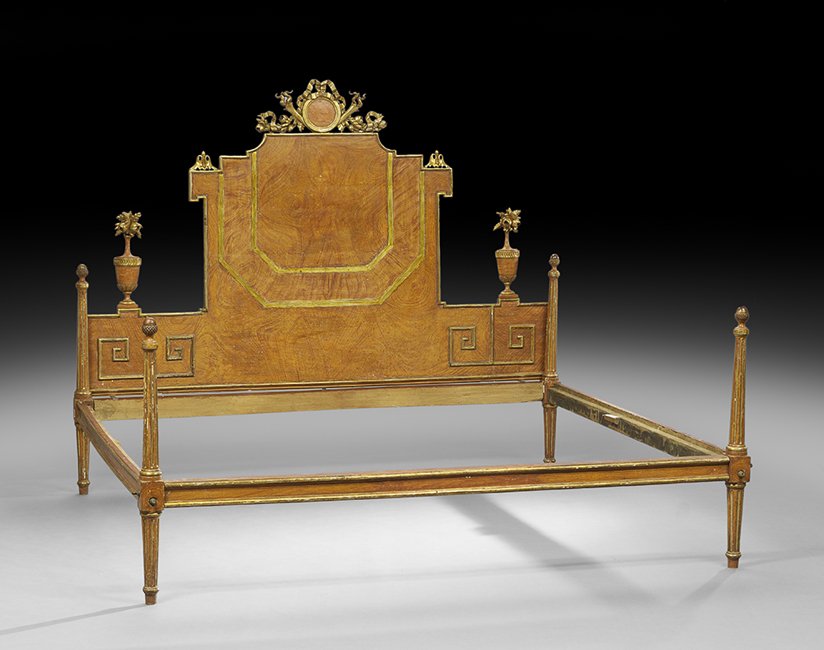 Italian Neoclassical Faux-Bois Bed: Italian Neoclassical Faux-Bois and Parcel-Gilt Bed, 19th century, the headboard with a raised center section surmounted by a torchere and ribbon-shield crest flanked to either side by lower flowering