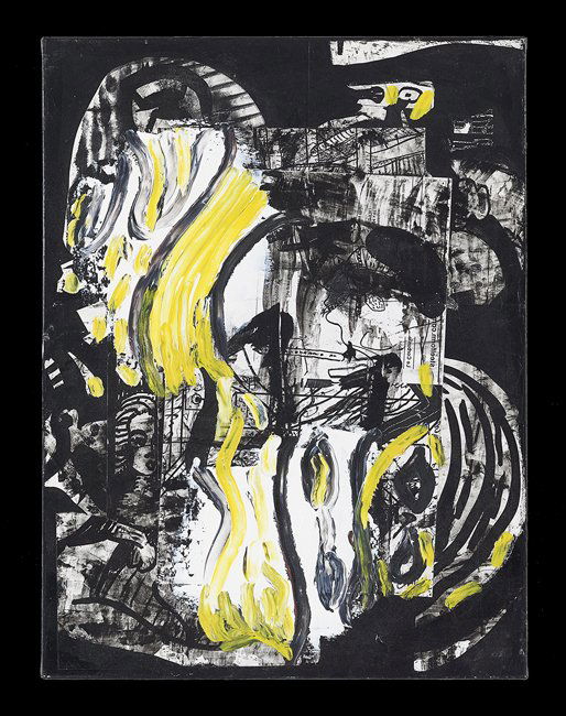 Dick Wray (American, 1933-2011): Dick Wray (American, 1933-2011), "Composition in Black and Yellow", 2009, mixed media collage on canvas, signed and dated en verso, 24" x 18". Unframed.
