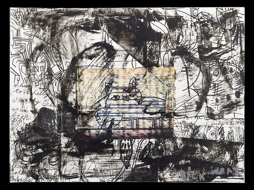 Dick Wray (US/Houston, 1933-2011): Dick Wray (American/Houston, 1933-2011), "House Warming", 2007, mixed media on canvas, signed lower right, signed, titled, inscribed "To Wade" and dated en verso, 17-3/4" x 24". Unframed. Private coll