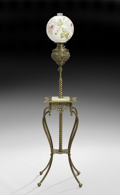 American Brass, Gilt-Metal and Onyx Piano Lamp: American Brass, Gilt-Metal and Onyx Piano Lamp, fourth quarter 19th century, on cabriole legs, h. 52", w. 12", d. 12".