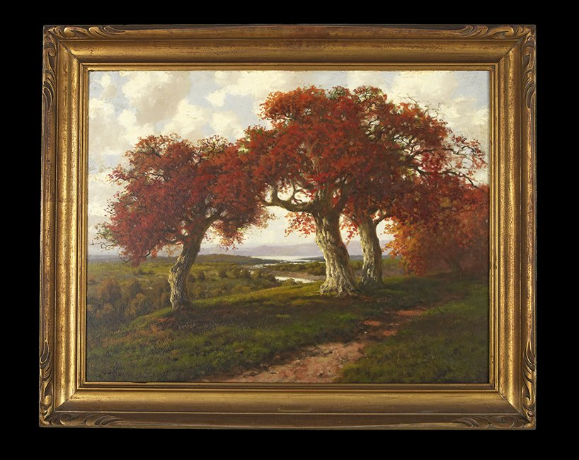 A. D. Greer (American, 1904-1998): A. D. Greer (American, 1904-1998), "Autumnal Landscape", oil on masonite board, signed lower left, 27-3/4" x 35-3/4". Presented in a frame affixed with artist plaque.