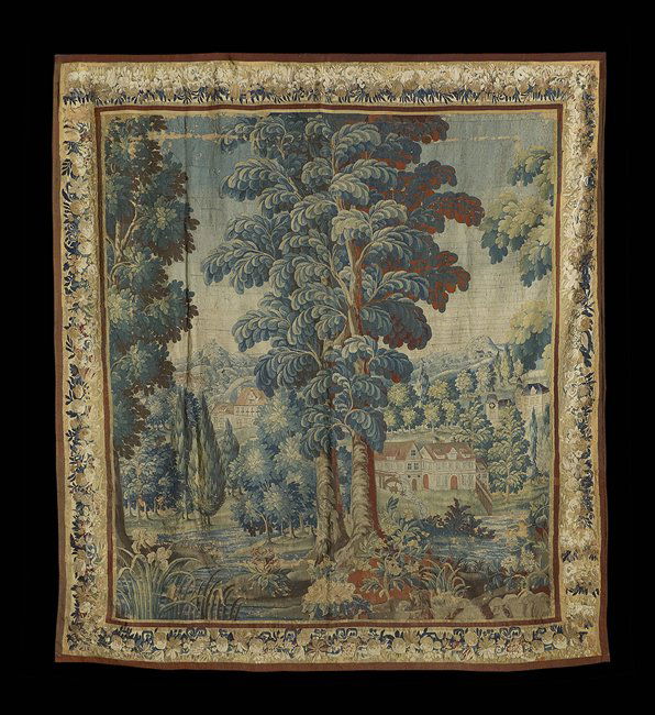 French Hand-Woven Tapestry,: French Hand-Woven Tapestry, 17th century, with a central scene of a verdant park with lush trees and a pond, a chateau in the background, with an allover floral vine border, 108" x 121".