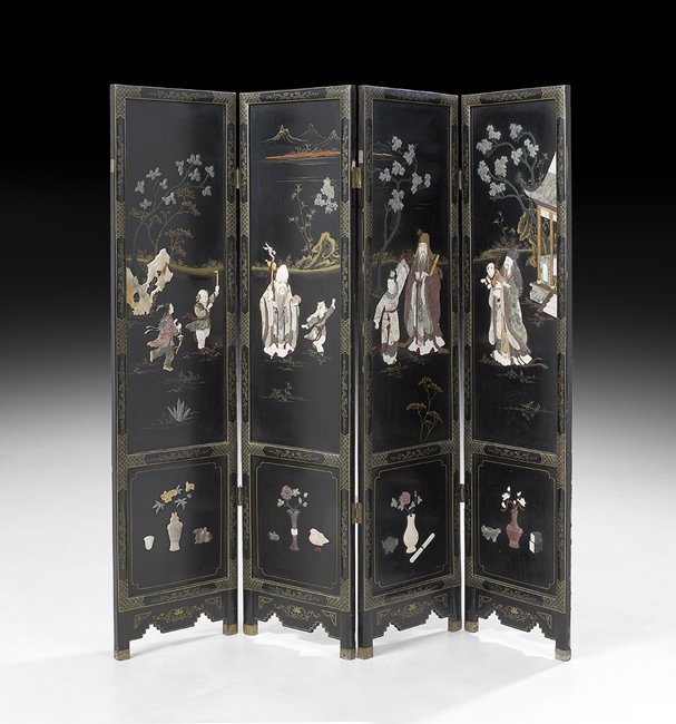 Chinese Four-Panel Coromandel Screen: Chinese Hardstone-Inlaid Four-Panel Coromandel Screen, Qing Dynasty (1644-1911), late 19th/early 20th century, one side of the black lacquer screen inlaid with bone and hardstone depicting the Gods Fu