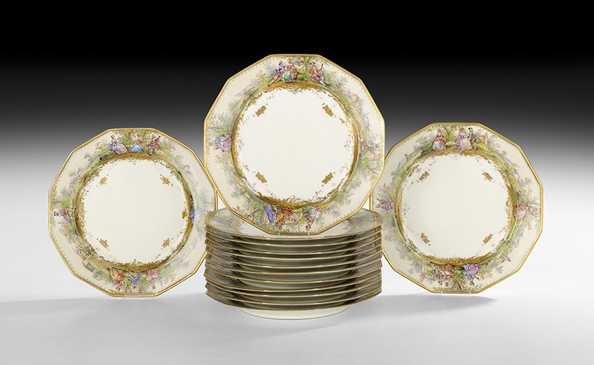 Fourteen Hand-Painted Dresden Luncheon Plates (1 of 3)