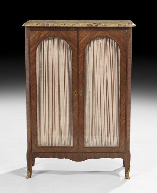 Louis XV/XIV-Style Marble-Top Cabinet: Transitional Louis XV-into-Louis XIV-Style Kingwood and Marble-Top Cabinet, early 20th century, the rounded rectangular Breche d'Alep marble top above a case fitted with two cupboard doors, each inset