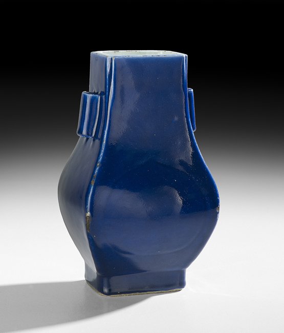 Chinese Cobalt Monochrome Vase: Chinese Cobalt Monochrome Vase, Qing Dynasty (1644-1911), probably 19th century, the square sectional vase with handles, a blue monochrome glaze and a four-character Qianlong reign mark in underglaze