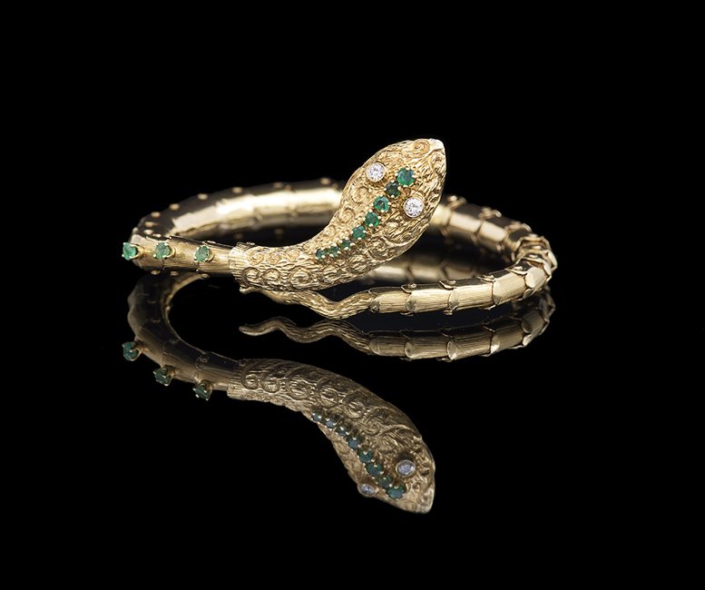 14 Kt. Gold, Diamond and Emerald Snake Bracelet (1 of 1)