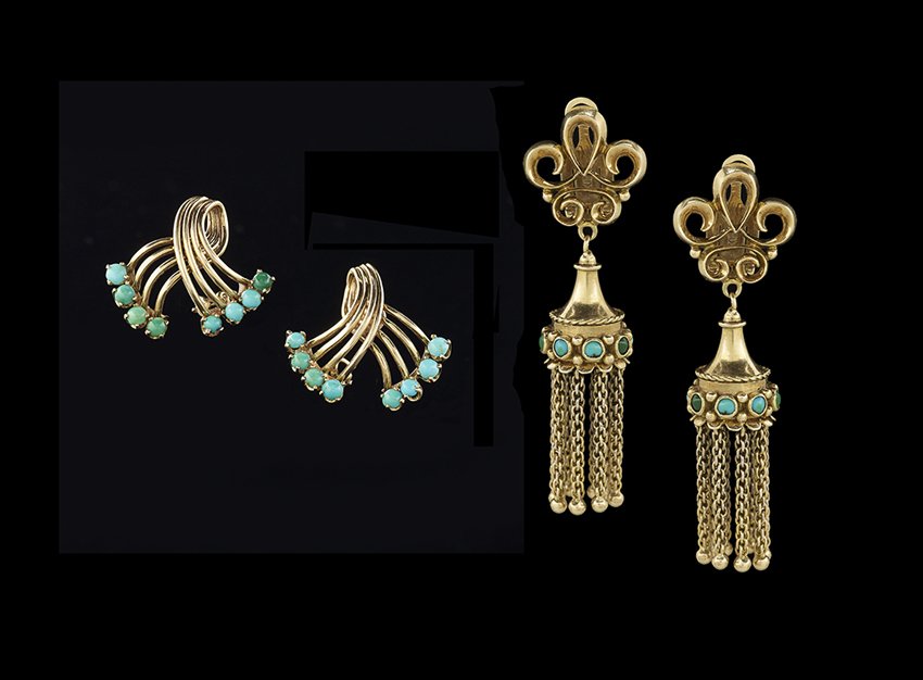 Two Pairs of 14 Kt. Gold and Turquoise Earrings (1 of 2)