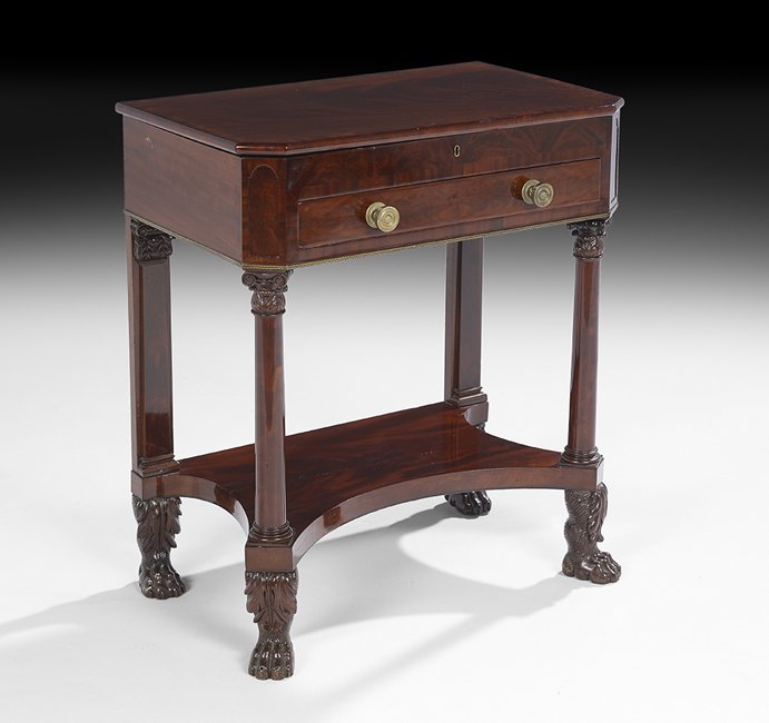 American Classical Mahogany Work Table: American Classical Brass-Mounted and Banded Mahogany Work Table, ca. 1825, school of Duncan Phyfe, New York, the crossbanded lift-top with canted corners, opening to reveal an adjustable writing surfa