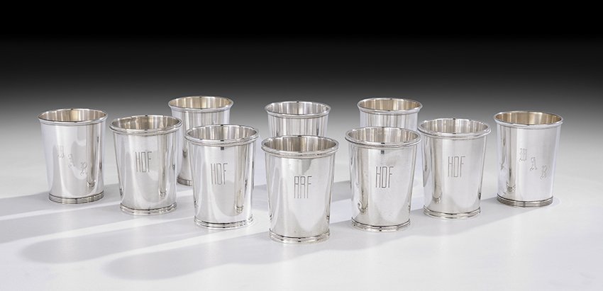 Ten American Sterling Silver Julep Cups: Ten American Sterling Silver Julep Cups, mid-20th century, of traditional tapering cylindrical form, including a set of five Wallace Silversmiths cups with molded rim and reeded base, monogrammed "MAR
