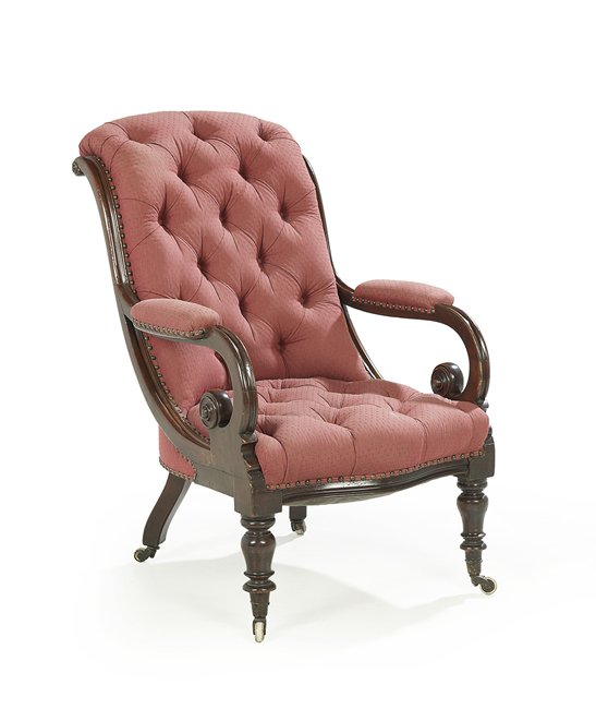 Victorian Mahogany Sling Chair: Victorian Mahogany Sling Chair, third quarter 19th century, the downswept back supported by open scrolled arms and raised on turned legs, h. 39", w. 27", d. 34".