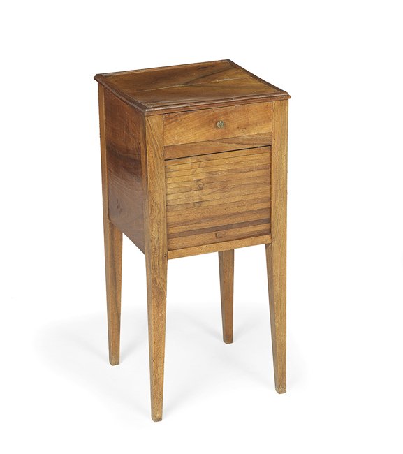 Provincial Louis-Philippe-Style Nightstand: Provincial Louis-Philippe-Style Mahogany and Cherry Nightstand, the case with a drawer over a cupboard with a tambour door, raised on tapering flare legs, h. 29", w. 18-1/4", d. 18-1/4". Provenance: T