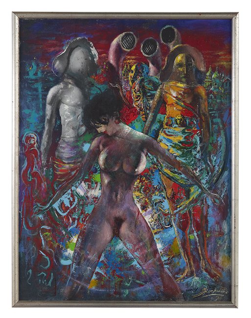 Noel Rockmore (American/New Orleans, 1928-1995): Noel Rockmore (American/New Orleans, 1928-1995), "Mary May and Others", 1985, oil on canvas, signed, titled and dated lower right, 48" x 36". Framed. Illustrated/Exhibited: "The Noel Rockmore Gallery"