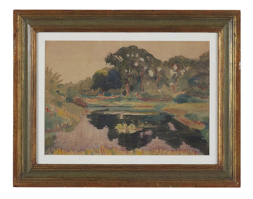 William McGregor Paxton (American, 1869-1941): William McGregor Paxton (American, 1869-1941), "Reflections in the Stream", watercolor on paper, signed lower left, sight 14-1/4" x 20-3/8". Glazed, matted and framed.