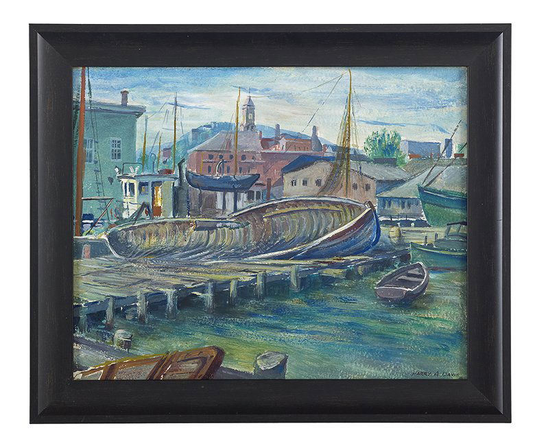 Harry Allen Davis (American, 1914-2006): Harry Allen Davis (American, 1914-2006), "The Wharfs, Gloucester", oil on board, signed lower right, "M. F. Berner, NYC" label en verso, 16" x 20". Framed.