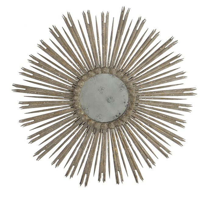 American Giltwood Sunburst Mirror: American Carved and Distressed Giltwood Sunburst Mirror, 20th century, the rays termating in an inner circle of cloud carvings, dia. 48-1/2".